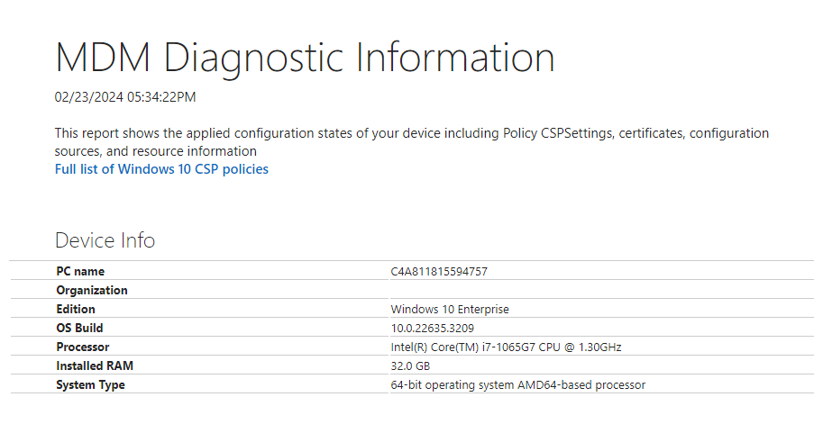 Windows MDM Advanced Diagnostic Report