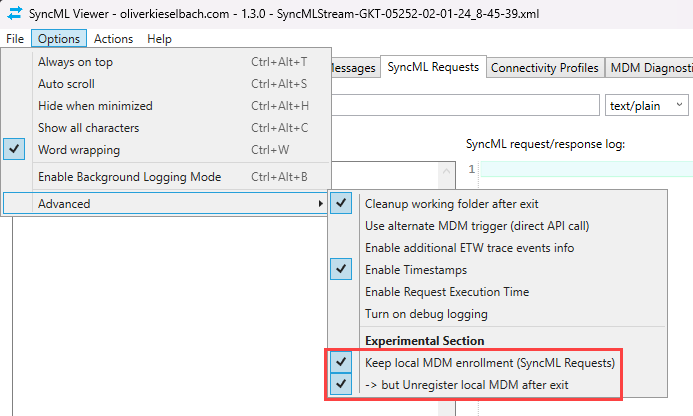 SyncML Viewer - Keep local MDM Enrollment but unregister after tool exit
